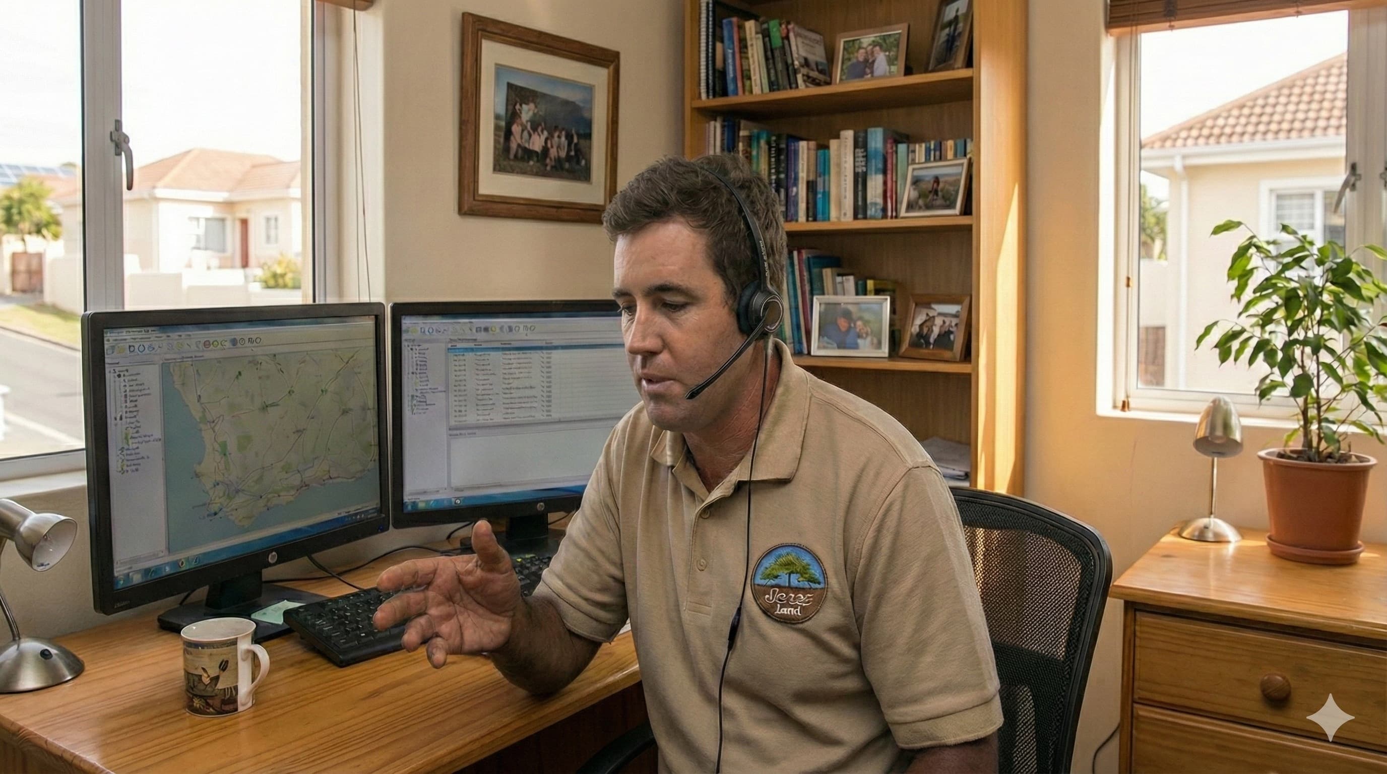 Jerez Land cold caller working from home with headset and dual monitors